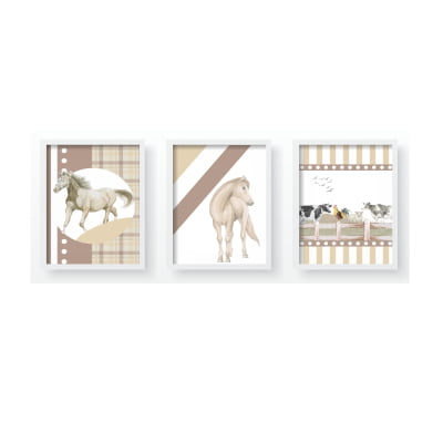 Quadro Decorativo Infantil Cavalos Fazenda Campo Animais Personalizado Moldura MDF QD593