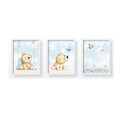 Quadro Decorativo Infantil Floral Ursinho Borboletas - QD227