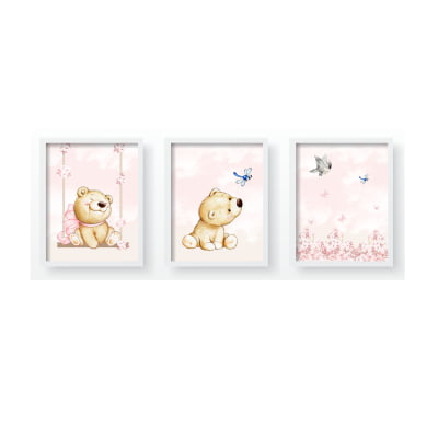 Quadro Decorativo Infantil Floral Ursinho Borboletas - QD227