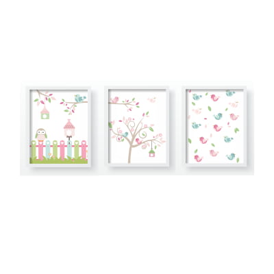 Quadro Decorativo Infantil Jardim Encantado Pássaros Personalizado Moldura MDF QD682