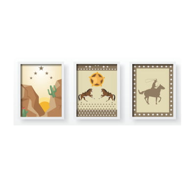 Quadro Decorativo Infantil Personalizado Cavalos Fazenda CowboyMoldura MDF QD431