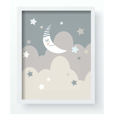 Quadro Decorativo Infantil Personalizado Lua Nuvens Céu Azul  Moldura MDF QD683