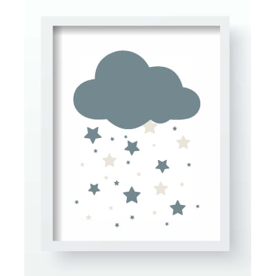 Quadro Decorativo Infantil Personalizado Lua Nuvens Céu Azul  Moldura MDF QD683