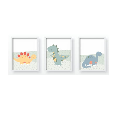 Quadro Decorativo Infantil Personalizado Moldura MDF Dinossauros Montanhas Menino QD265