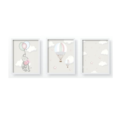 Quadro Decorativo Infantil Personalizado Moldura MDF Elefantes Rosa Menina QD174