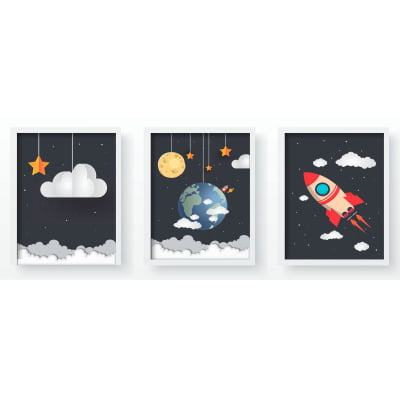 Quadro Decorativo Infantil Personalizado Moldura MDF Foguete Astronauta Espaço Planetas QD248