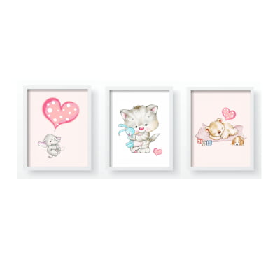 Quadro Decorativo Infantil Personalizado Moldura MDF Jardim Encantado Rosa Gatos Menina QD145