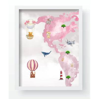 Quadro Decorativo Infantil Personalizado Moldura MDF Mapa Mundi Rosa Menina QD159 Papel de parede  infantil, Enxovais para Bebê, Kits Berço, Kit Cama, faixa decorativa, régua do crescimento, quadros decorativos infantil.