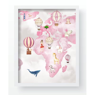 Quadro Decorativo Infantil Personalizado Moldura MDF Mapa Mundi Rosa Menina QD159 Papel de parede  infantil, Enxovais para Bebê, Kits Berço, Kit Cama, faixa decorativa, régua do crescimento, quadros decorativos infantil.