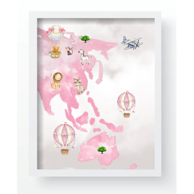 Quadro Decorativo Infantil Personalizado Moldura MDF Mapa Mundi Rosa Menina QD159 Papel de parede  infantil, Enxovais para Bebê, Kits Berço, Kit Cama, faixa decorativa, régua do crescimento, quadros decorativos infantil.