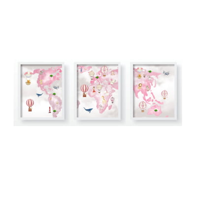 Quadro Decorativo Infantil Personalizado Moldura MDF Mapa Mundi Rosa Menina QD159