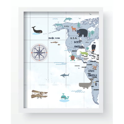 Quadro Decorativo Infantil Personalizado Mapa Mundi Animais Moldura MDF QD158 Papel de parede  infantil, Enxovais para Bebê, Kits Berço, Kit Cama, faixa decorativa, régua do crescimento, quadros decorativos infantil.