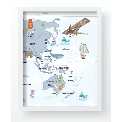 Quadro Decorativo Infantil Personalizado Mapa Mundi Animais Moldura MDF QD158 Papel de parede  infantil, Enxovais para Bebê, Kits Berço, Kit Cama, faixa decorativa, régua do crescimento, quadros decorativos infantil.