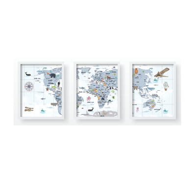 Quadro Decorativo Infantil Personalizado Mapa Mundi Animais Moldura MDF QD158