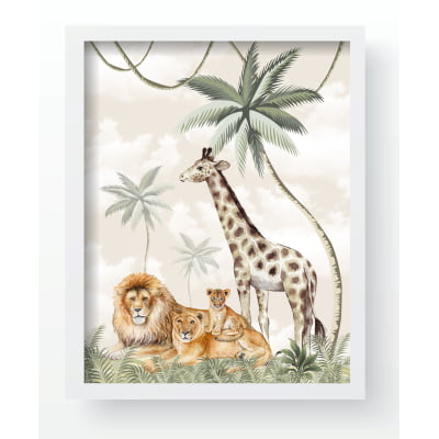 Quadro Decorativo Infantil Personalizado Safari Selva Leão Elefante Moldura MDF QD363