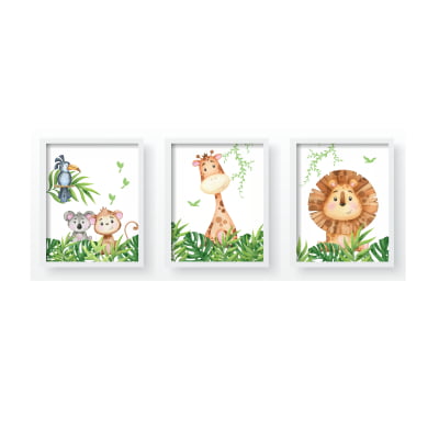 Quadro Decorativo Infantil Safári Leão Folhas Verde Menino Personalizado Moldura MDF QD341