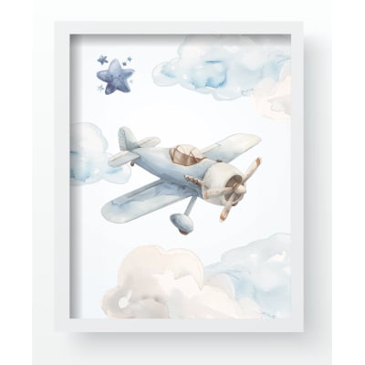 Quadro Decorativo Infantil  Avião Nuvens Céu Menino Personalizado Moldura MDF QD721