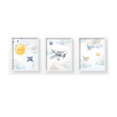 Quadro Decorativo Infantil  Avião Nuvens Céu Menino Personalizado Moldura MDF QD721