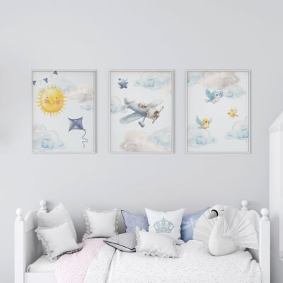 Quadro Decorativo Infantil  Avião Nuvens Céu Menino Personalizado Moldura MDF QD721