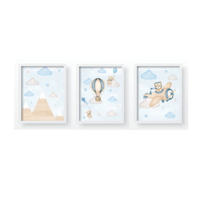 Quadro Decorativo Infantil Ursos Aviões Montanhas Personalizado Moldura MDF QD566