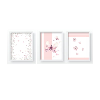 QUADROS DECORATIVOS FLORAL JARDIM BORBOLETAS ROSA INFANTIL - QD525