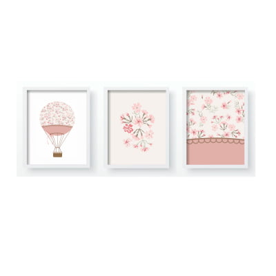 Quadro Decorativo Infantil Personalizado - Moldura MDF Floral Balões Menina Rosa - QD22