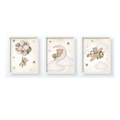 Quadros Decorativos ursinhos baloeiros verde infantil - QD503