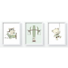 Quadro Decorativo Infantil Ursinho Baloeiro Piloto Verde