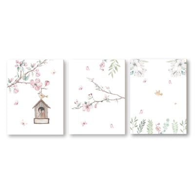 Placas Decorativas Floral Borboleta Rosa Pássaros  Trio  PC482