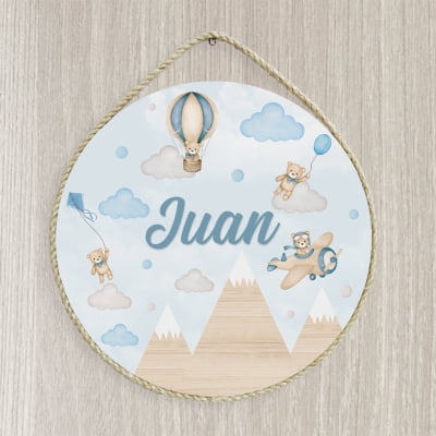 Porta Maternidade Personalizado Infantil Menino Ursinho Aviador Baloeiro - PM566