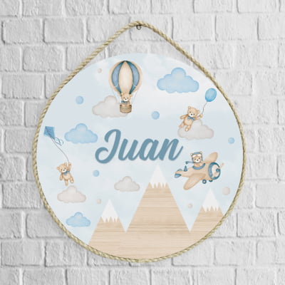 Porta Maternidade Personalizado Infantil Menino Ursinho Aviador Baloeiro - PM566