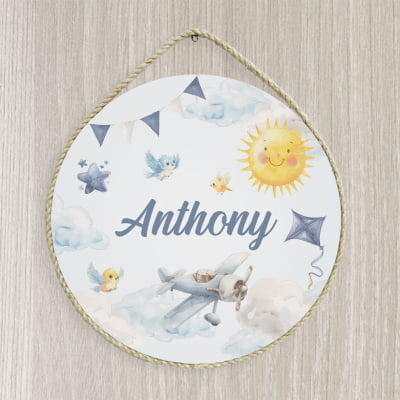 Porta Maternidade Personalizado Urso Aviador Aviões Balões Azul Menino PM721 