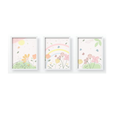 Quadro Decorativo floral arco-íris borboletas infantil bebê - qd605