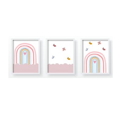 Quadro Decorativo Infantil arco-íris colorido coração borboletinhas - QD569