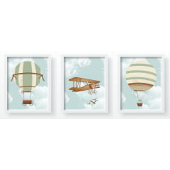 Quadro Decorativo Infantil Balões e Aviadores Verde