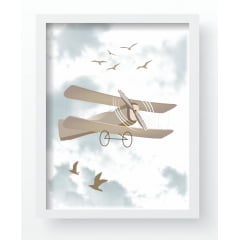 Quadro Decorativo Infantil Baloes Avioes Passaros Bege