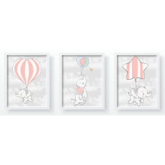 Quadro Decorativo Infantil Elefantinhos Rosa - QD153