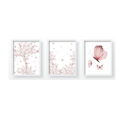 Quadro Decorativo Infantil Floral com Árvore e Borboletas - QD425