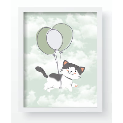 Quadro Decorativo Infantil Gatos no balão verde QD256