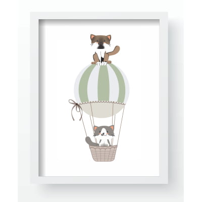 Quadro Decorativo Infantil Gatos no balão verde QD256