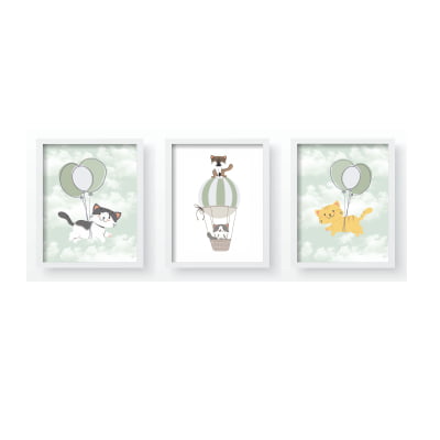 Quadro Decorativo Infantil Verde Gatos Baloeiros - QD256