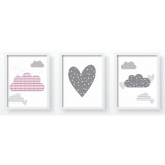 Quadro Decorativo Infantil Nuvens Passarinhos Rosa Cinza 