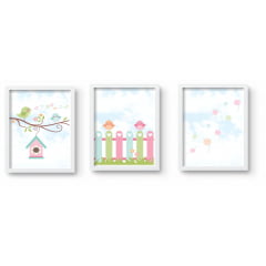 Quadro Decorativo Infantil Passarinhos Jardim colorido