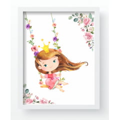 Quadro Decorativo Infantil de parede Menina Princesa no Balanço com Flores