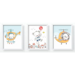 Quadro Decorativo Infantil Ursinho Elefantinho Helicóptero