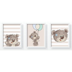 Quadro Decorativo Infantil Ursinho Marrom  Baloeiro Bege Papel de parede  infantil, Enxovais para Bebê, Kits Berço, Kit Cama, faixa decorativa, régua do crescimento, quadros decorativos infantil.