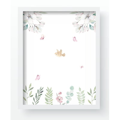 Quadros Decorativo floral borboletinhas rosas flores pássaro Infantil QD482