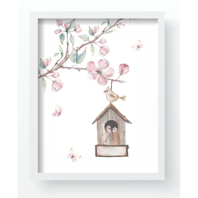 Quadros Decorativo floral borboletinhas rosas flores pássaro Infantil QD482