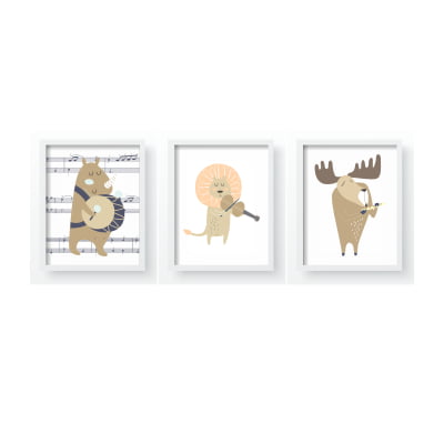 Quadros Decorativo Safari Animais Musicais Instrumentos Coloridas Infantil Qd24