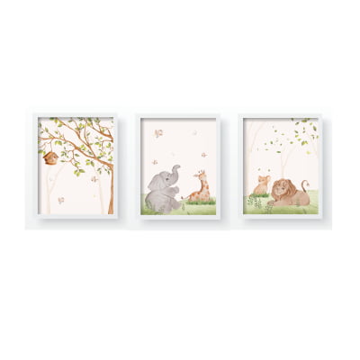 Quadros Decorativos Safari  animais floresta árvore Quarto infantil bebê- QD541